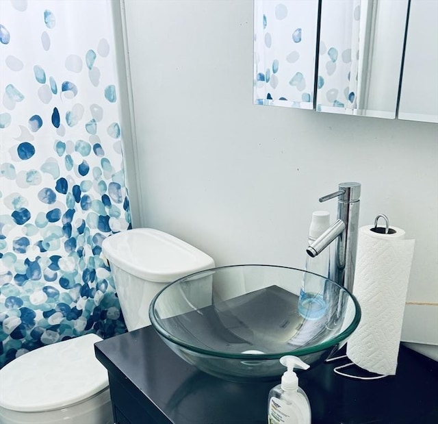 bathroom featuring toilet, curtained shower, and vanity