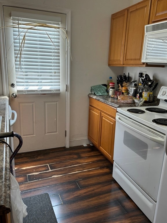 kitchen with white appliances and dark hardwood / wood-style flooring