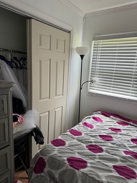 bedroom featuring a closet and ornamental molding