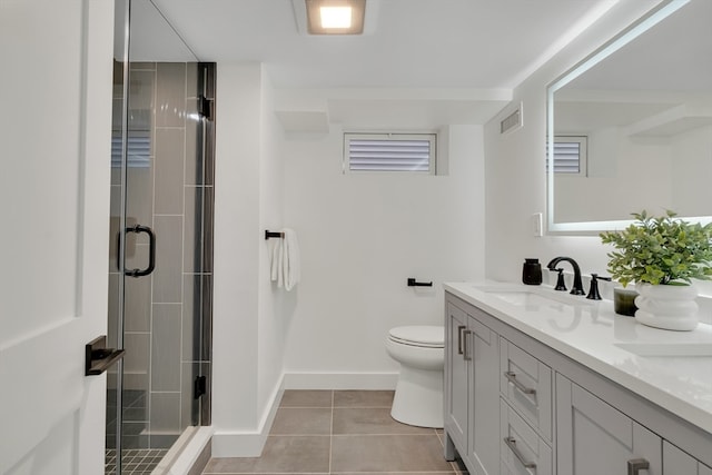 bathroom featuring tile patterned floors, walk in shower, vanity, and toilet