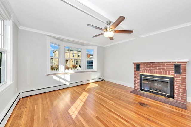 unfurnished living room with a baseboard radiator, ornamental molding, and hardwood / wood-style floors