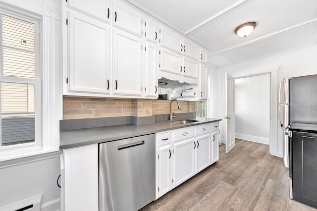 kitchen with white cabinetry, dishwasher, sink, and tasteful backsplash