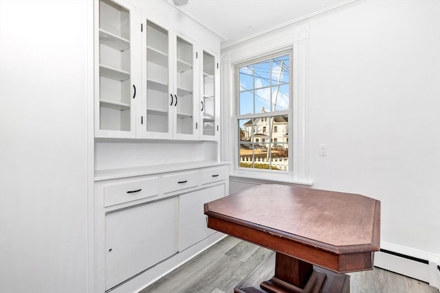 interior space with a baseboard heating unit and light hardwood / wood-style flooring