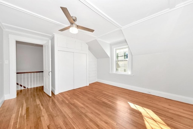 bonus room featuring ceiling fan, lofted ceiling, and hardwood / wood-style floors