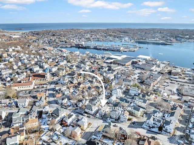 drone / aerial view featuring a water view