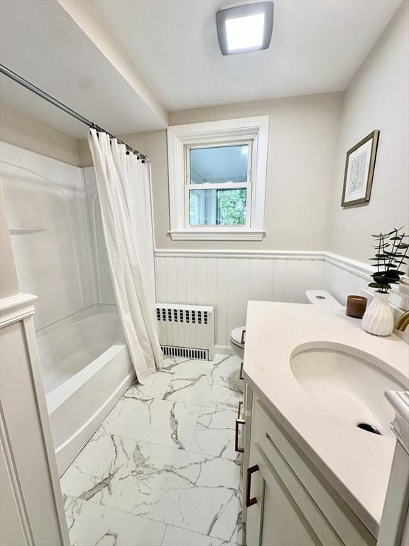 31 Horton St, Attleboro, MA 02703 - full bath with radiator heating unit, marble finish flooring, vanity, shower / tub combo, and a wainscoted wall