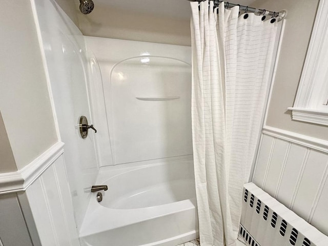 31 Horton St, Attleboro, MA 02703 - full bathroom with a decorative wall, shower / bath combination with curtain, radiator heating unit, and a wainscoted wall