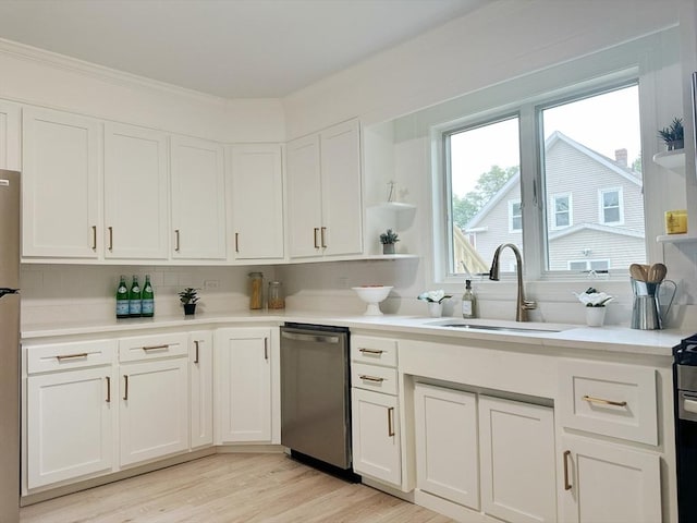 31 Horton St, Attleboro, MA 02703 - kitchen with appliances with stainless steel finishes, a sink, open shelves, white cabinetry, and light countertops
