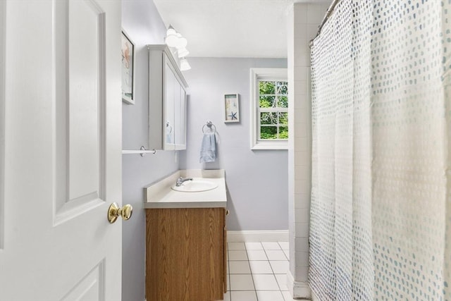 112 Cocasset St Unit 3, Foxboro, MA 02035 - bathroom with vanity, tile patterned floors, baseboards, and curtained shower