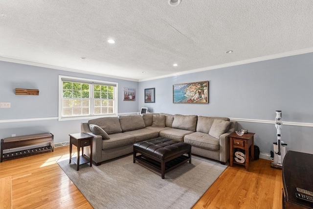 112 Cocasset St Unit 3, Foxboro, MA 02035 - living room with a textured ceiling, ornamental molding, light wood-style floors, recessed lighting, and baseboards