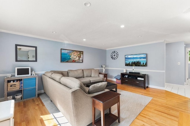 112 Cocasset St Unit 3, Foxboro, MA 02035 - living room featuring light wood-type flooring, recessed lighting, crown molding, and baseboards