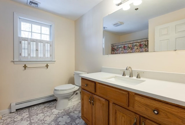 bathroom featuring vanity, visible vents, a baseboard radiator, curtained shower, and toilet