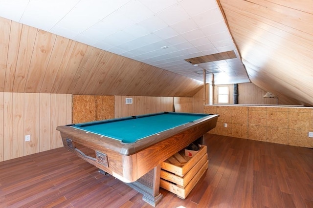 recreation room with pool table, lofted ceiling, wooden walls, and wood finished floors