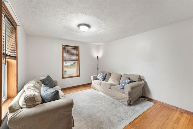 living room with a textured ceiling and hardwood / wood-style floors