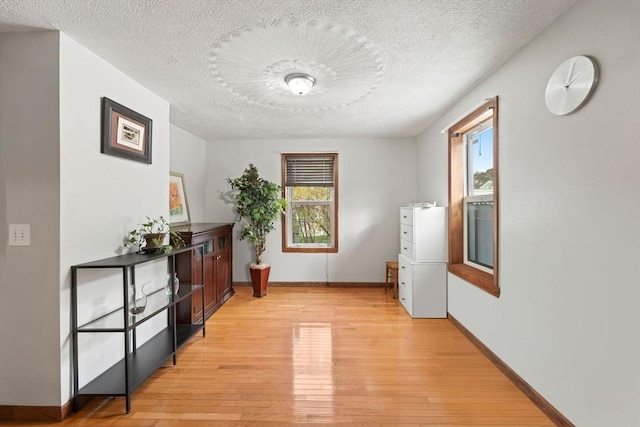 hallway featuring light wood-type flooring, plenty of natural light, and a textured ceiling