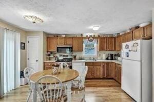 kitchen with white refrigerator, stainless steel stove, and light hardwood / wood-style flooring