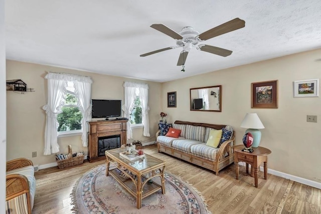 living room with ceiling fan and light hardwood / wood-style flooring