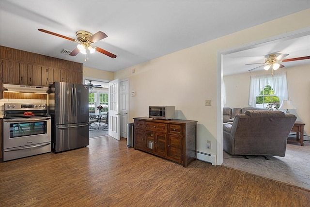 9 Treadwell Ter, Spencer, MA 01562 - kitchen featuring stainless steel appliances, under cabinet range hood, ceiling fan, and dark wood finished floors
