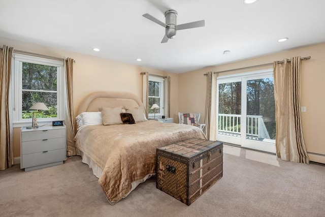 10 Lake Farm Ln, Orleans, MA 02653 - bedroom with light colored carpet, access to outside, recessed lighting, and a ceiling fan