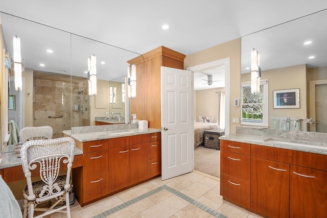 10 Lake Farm Ln, Orleans, MA 02653 - ensuite bathroom featuring a shower stall, two vanities, recessed lighting, and tile patterned flooring