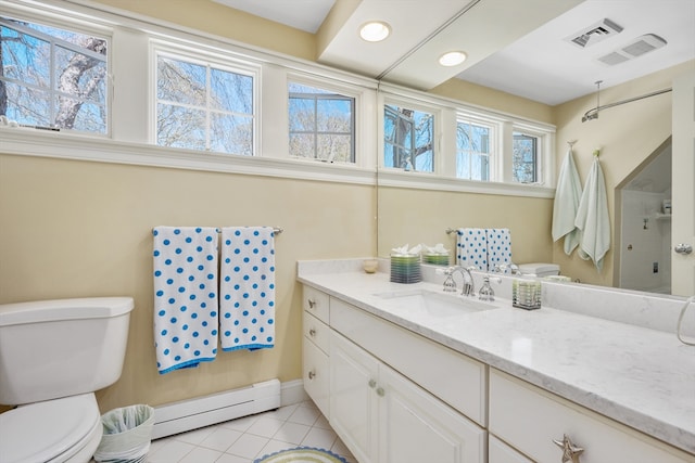 10 Lake Farm Ln, Orleans, MA 02653 - bathroom with a baseboard radiator, toilet, tile patterned floors, a shower, and vanity