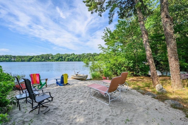 10 Lake Farm Ln, Orleans, MA 02653 - view of patio / terrace with a forest view, a water view, and a boat dock