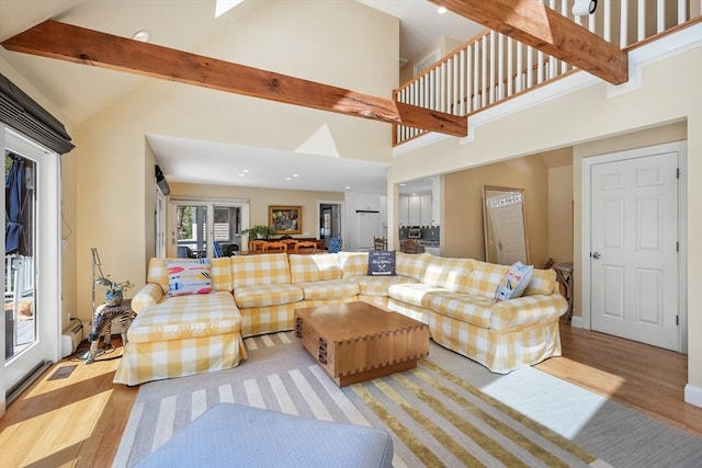 10 Lake Farm Ln, Orleans, MA 02653 - living area featuring light wood-type flooring, high vaulted ceiling, beam ceiling, and recessed lighting