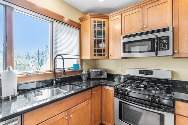 kitchen featuring stainless steel appliances, plenty of natural light, a sink, and glass insert cabinets