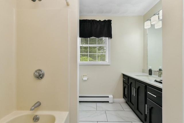 186 Mitchell G Dr, Tewksbury, MA 01876 - bathroom featuring a baseboard heating unit, vanity, shower / washtub combination, and baseboards