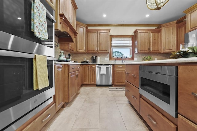 kitchen featuring light tile patterned floors, decorative backsplash, premium range hood, and appliances with stainless steel finishes