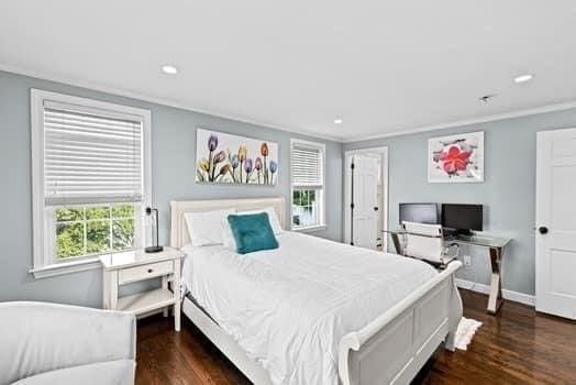 28 Christopher Ln, Scituate, MA 02066 - bedroom with dark wood finished floors, recessed lighting, crown molding, and a desk