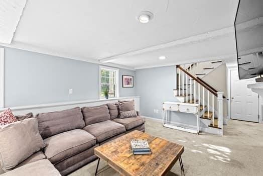 28 Christopher Ln, Scituate, MA 02066 - living room with stairs, carpet flooring, and recessed lighting