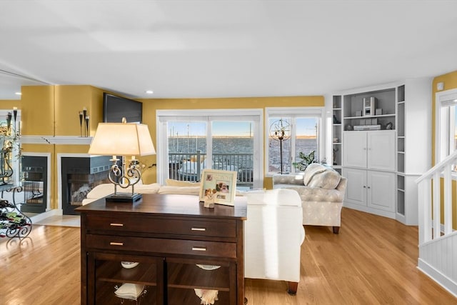 living room with built in shelves and light hardwood / wood-style flooring