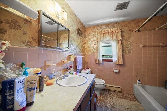 161 Columba St, Chicopee, MA 01020 - full bathroom with baseboard heating, wallpapered walls, vanity, tile patterned flooring, and wainscoting