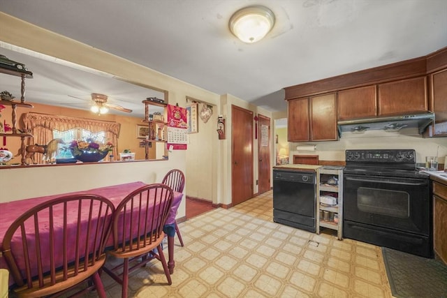 161 Columba St, Chicopee, MA 01020 - kitchen featuring black appliances, under cabinet range hood, light floors, and ceiling fan