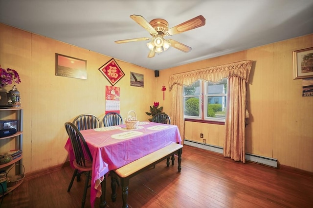 161 Columba St, Chicopee, MA 01020 - dining room featuring wood finished floors, a baseboard radiator, and a ceiling fan