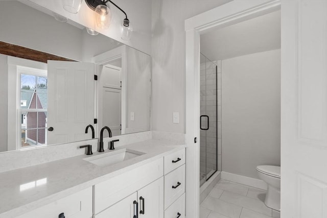 bathroom with a shower with door, tile patterned flooring, vanity, and toilet