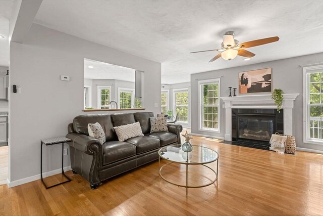10 Gianna Dr, Saugus, MA 01906 - living room with wood finished floors, a ceiling fan, and a fireplace