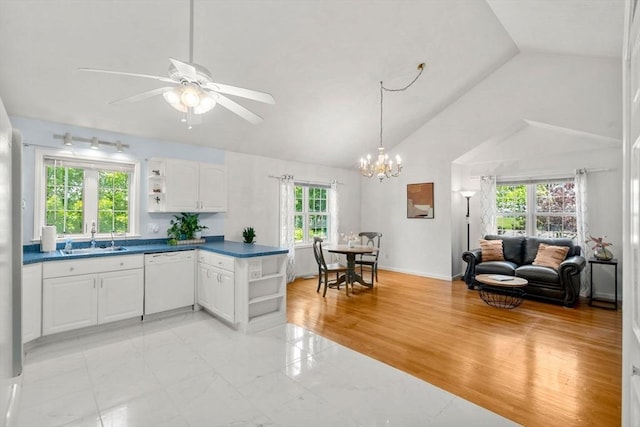 10 Gianna Dr, Saugus, MA 01906 - kitchen with white dishwasher, open shelves, dark countertops, white cabinetry, and a ceiling fan