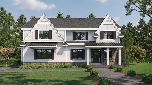 35 Lincoln St, Hopkinton, MA 01748 - view of front facade featuring board and batten siding, a standing seam roof, a front lawn, and roof with shingles