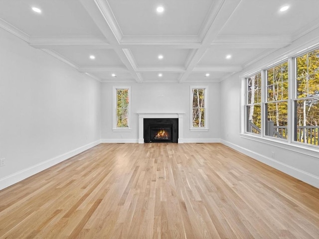 35 Lincoln St, Hopkinton, MA 01748 - unfurnished living room with recessed lighting, light wood-style floors, a lit fireplace, beamed ceiling, and coffered ceiling