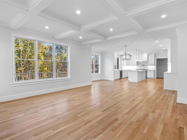 35 Lincoln St, Hopkinton, MA 01748 - unfurnished living room with coffered ceiling, a chandelier, beam ceiling, light wood-style floors, and recessed lighting