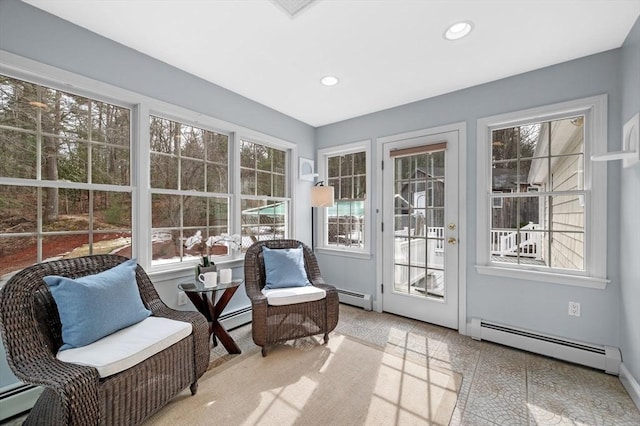 sunroom / solarium featuring a baseboard heating unit