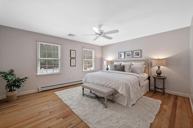 bedroom with light wood finished floors, visible vents, baseboards, and a baseboard radiator