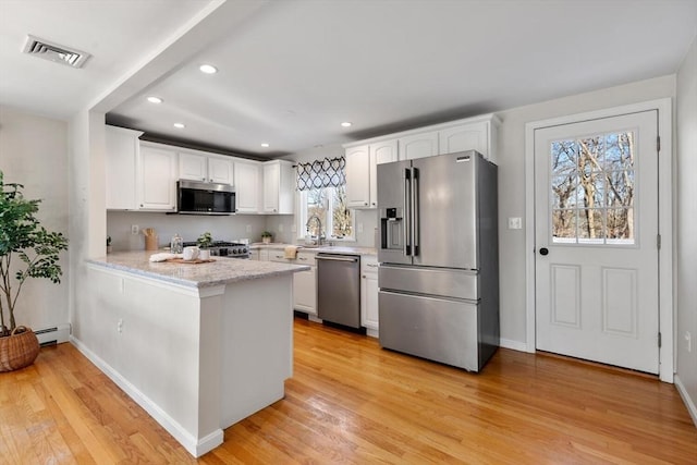 kitchen with white cabinetry, a baseboard radiator, stainless steel appliances, and kitchen peninsula