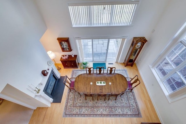 living area featuring a fireplace, a towering ceiling, and wood finished floors