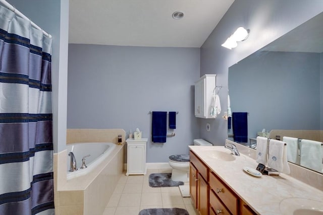 full bath with tile patterned flooring, toilet, double vanity, a bath, and a sink