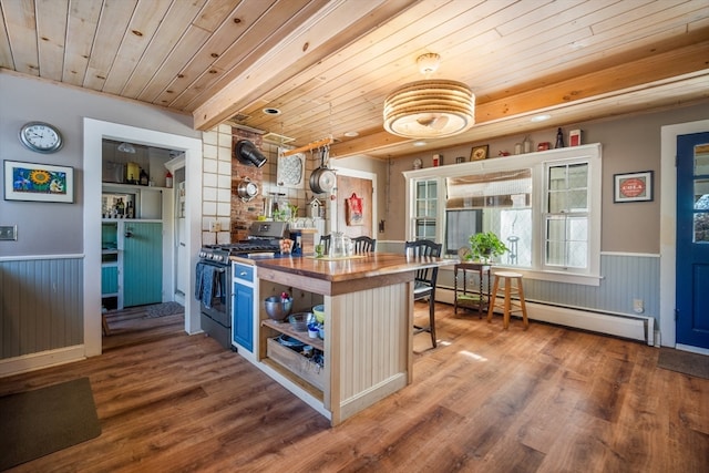 kitchen featuring wooden counters, a baseboard radiator, wood-type flooring, and gas stove