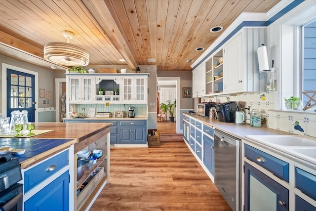 kitchen with stainless steel dishwasher, white cabinetry, and blue cabinets