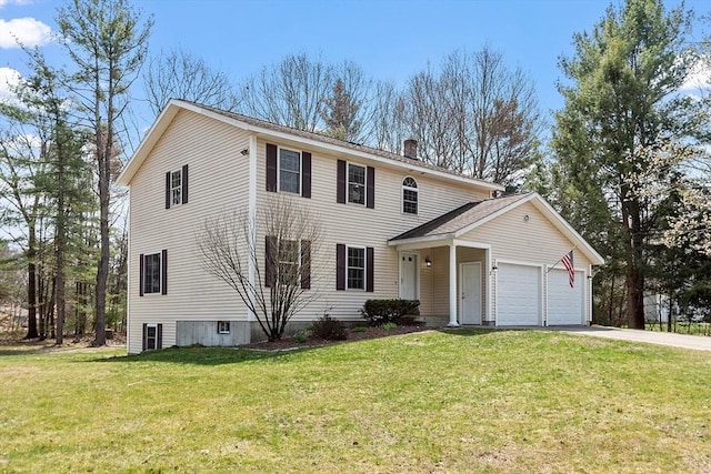 view of front of house with a garage, a chimney, a front lawn, and driveway